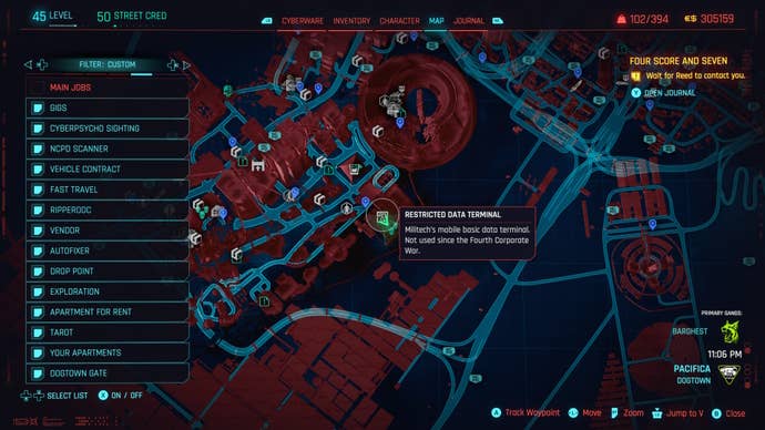 map of dogtown with a restricted data terminal for relic points is selected