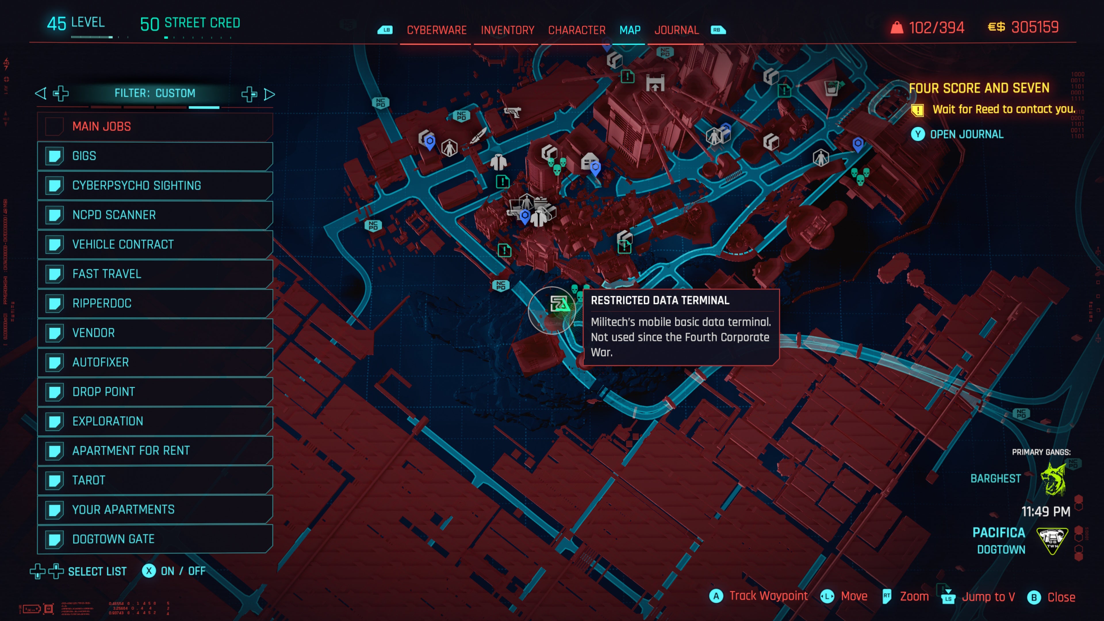 map of dogtown with a restricted data terminal for relic points is selected