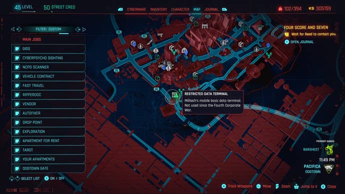 map of dogtown with a restricted data terminal for relic points is selected