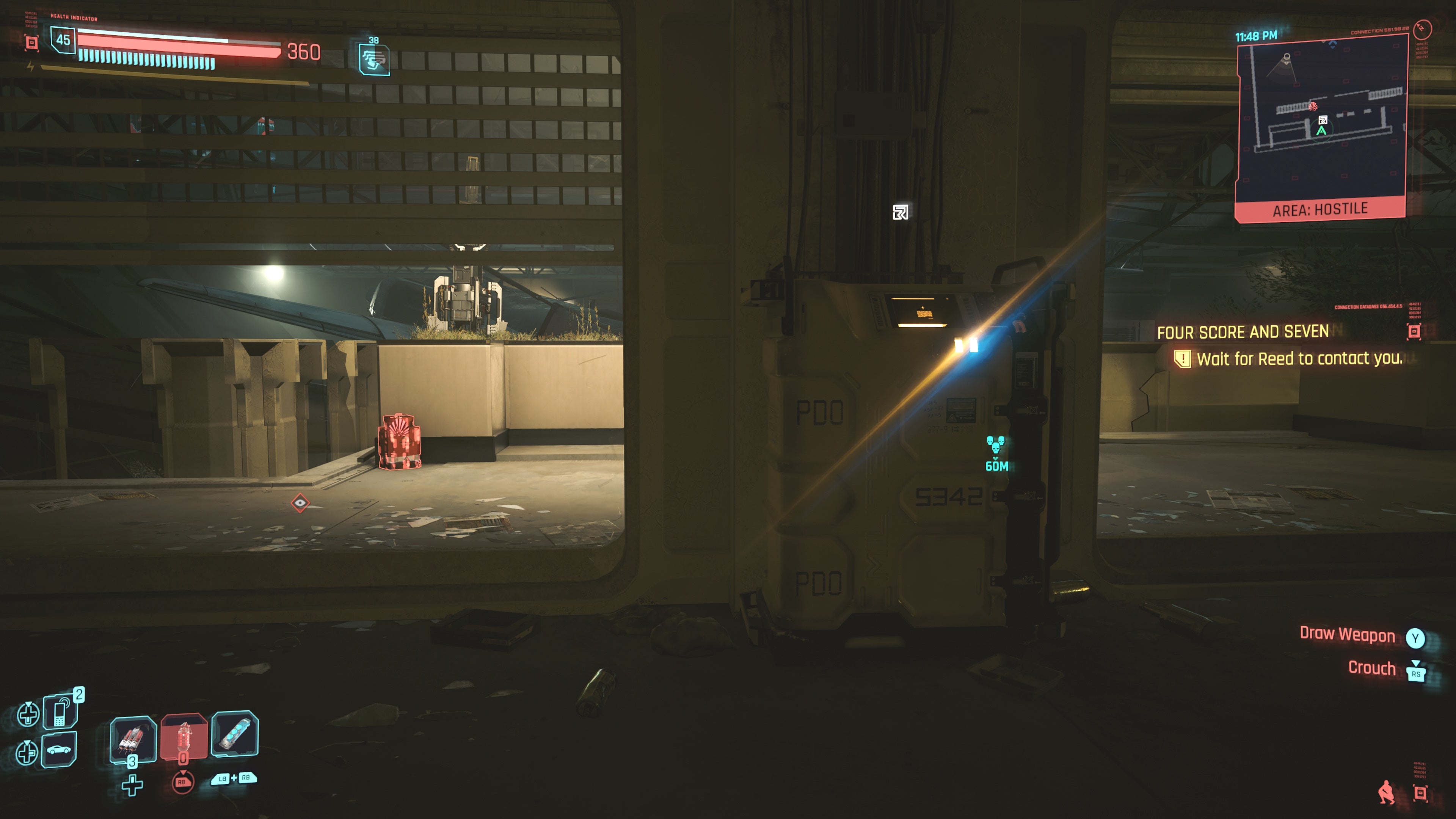 first person view of looking at a yellow restricted data terminal