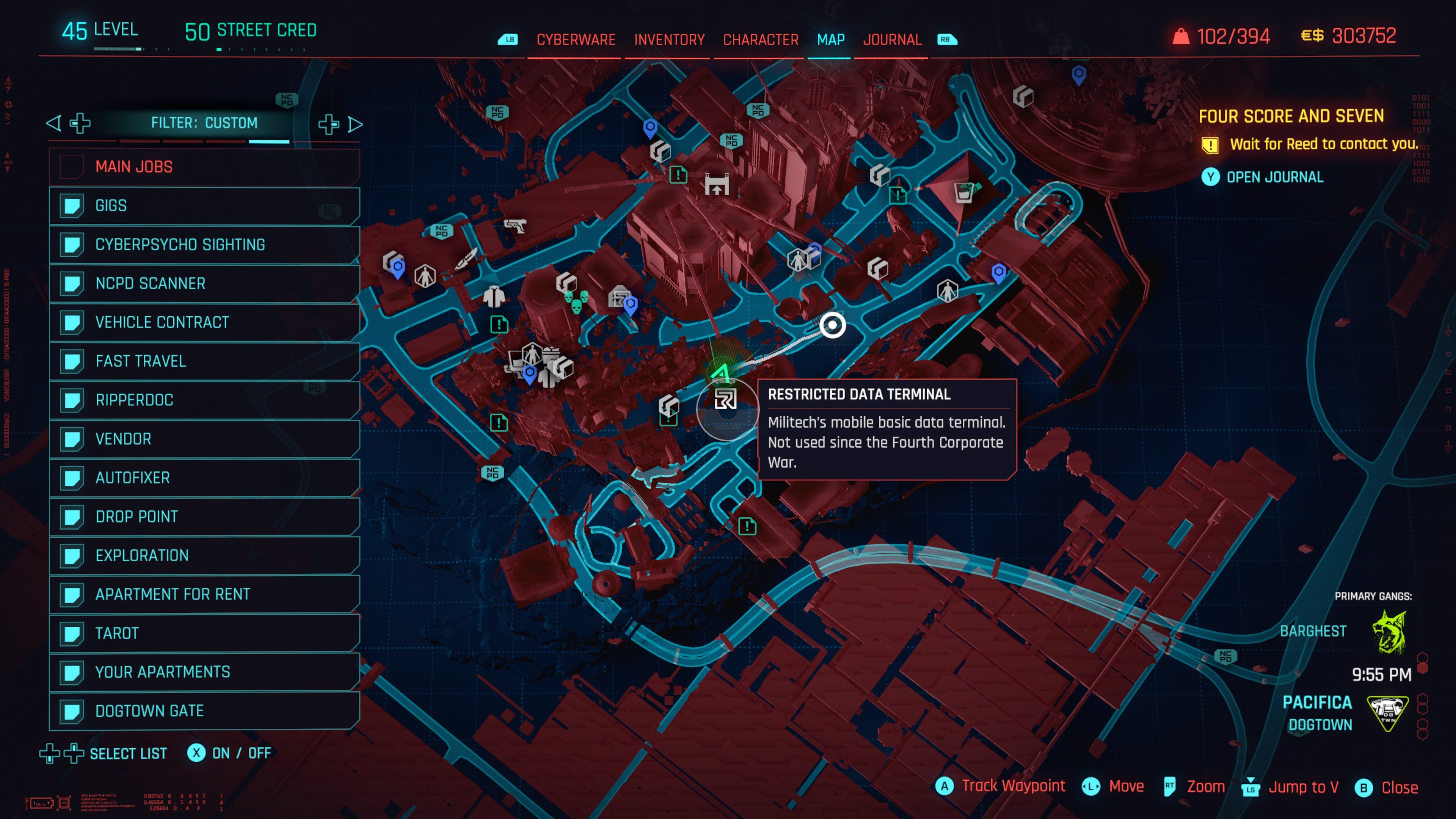map of dogtown with a restricted data terminal for relic points is selected