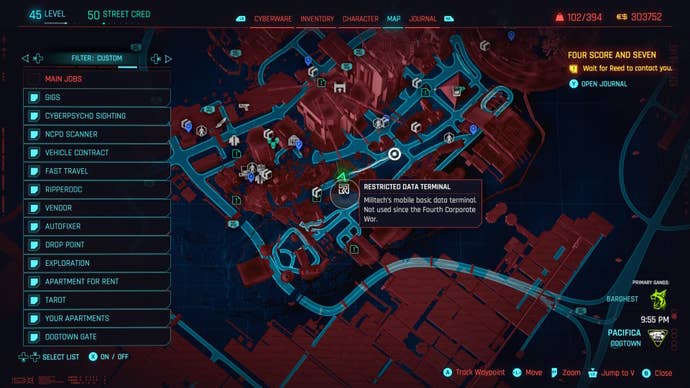 map of dogtown with a restricted data terminal for relic points is selected