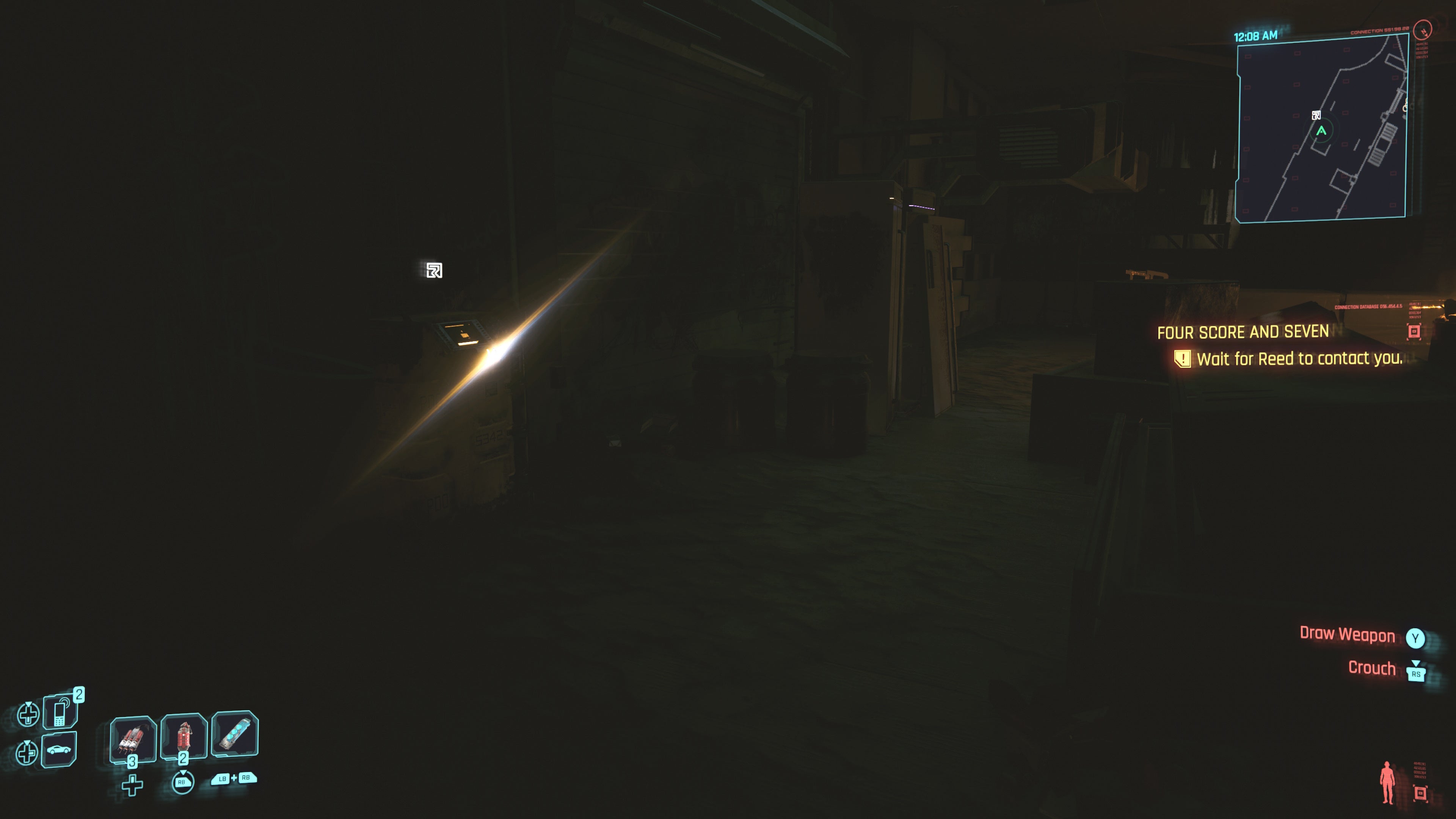 first person view of looking at a yellow restricted data terminal inside a dark parking garage