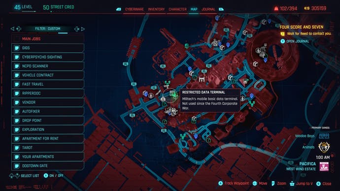 map of dogtown with a restricted data terminal for relic points is selected