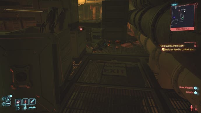 first person view of looking at a floor grate with an exit marker on it