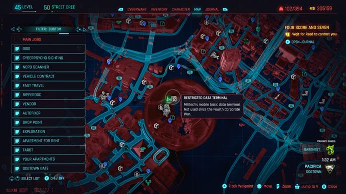 map of dogtown with a restricted data terminal for relic points is selected
