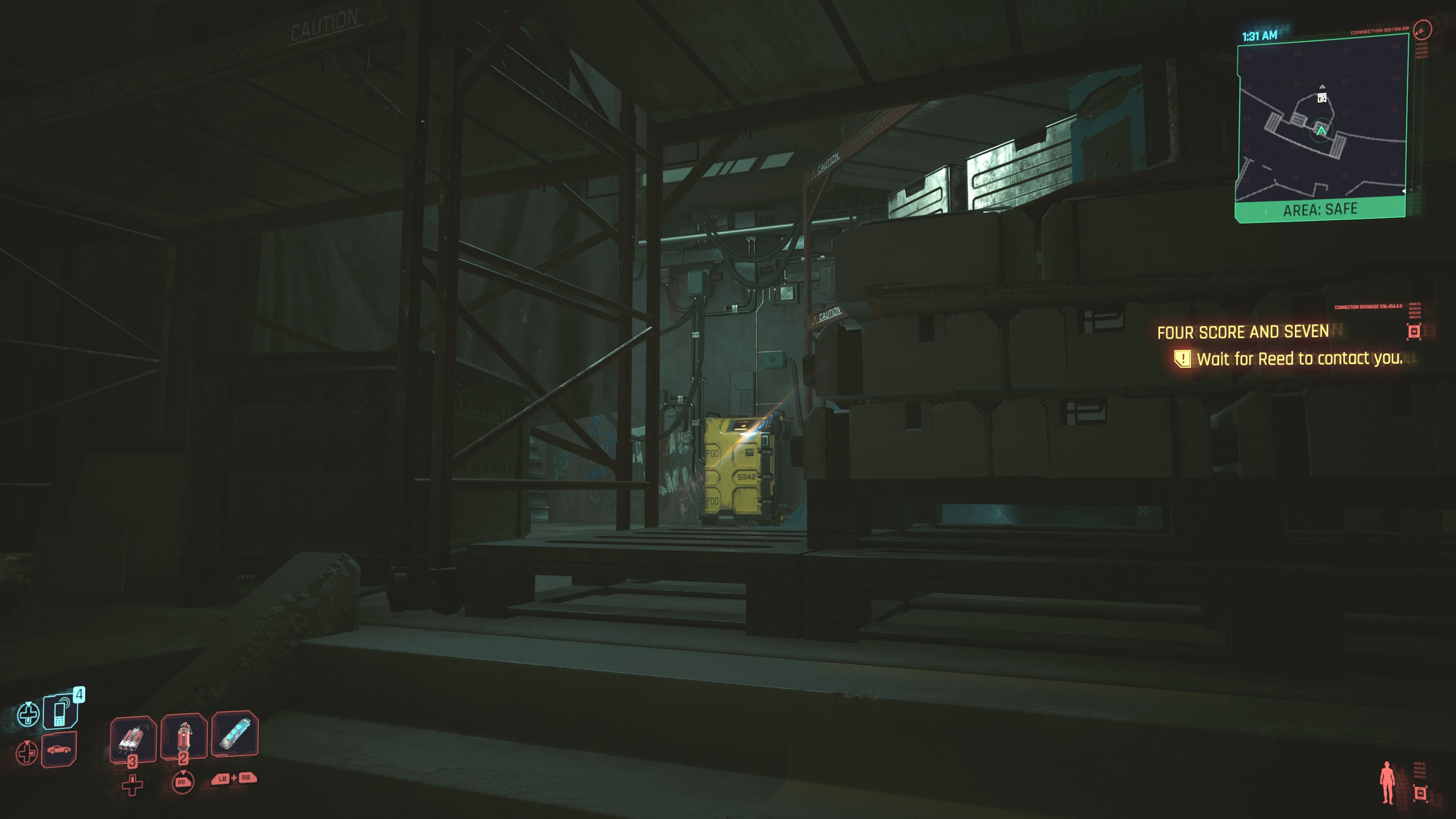 first person view of looking at a yellow restricted data terminal behind shelves