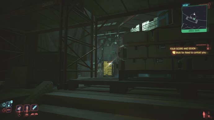 first person view of looking at a yellow restricted data terminal behind shelves