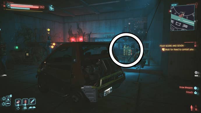 yellow restrcted data terminal circled by enemies and a car
