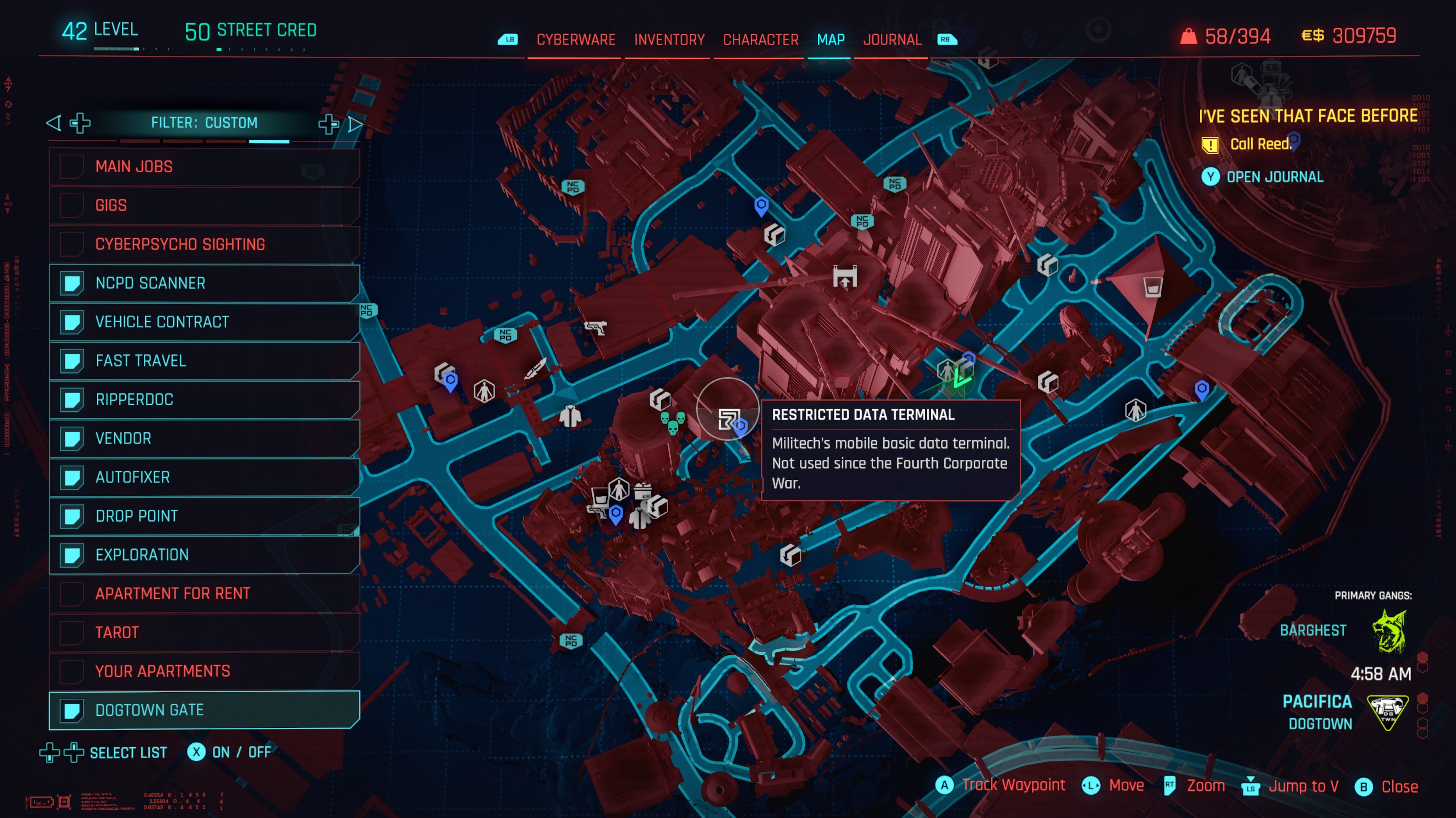 map of dogtown with a restricted data terminal relic point location selected
