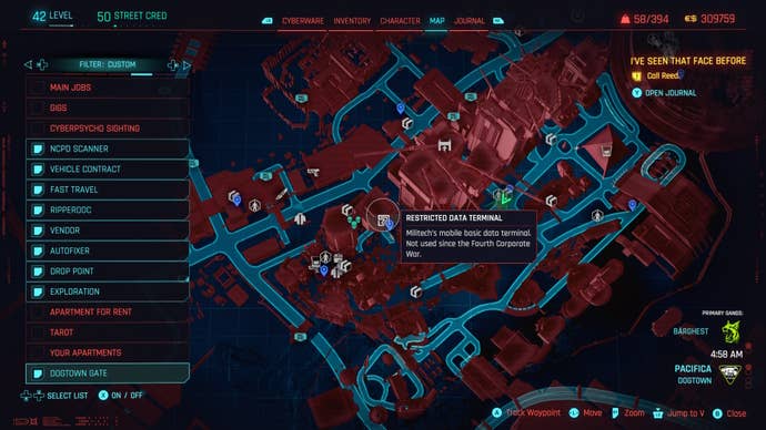 map of dogtown with a restricted data terminal relic point location selected
