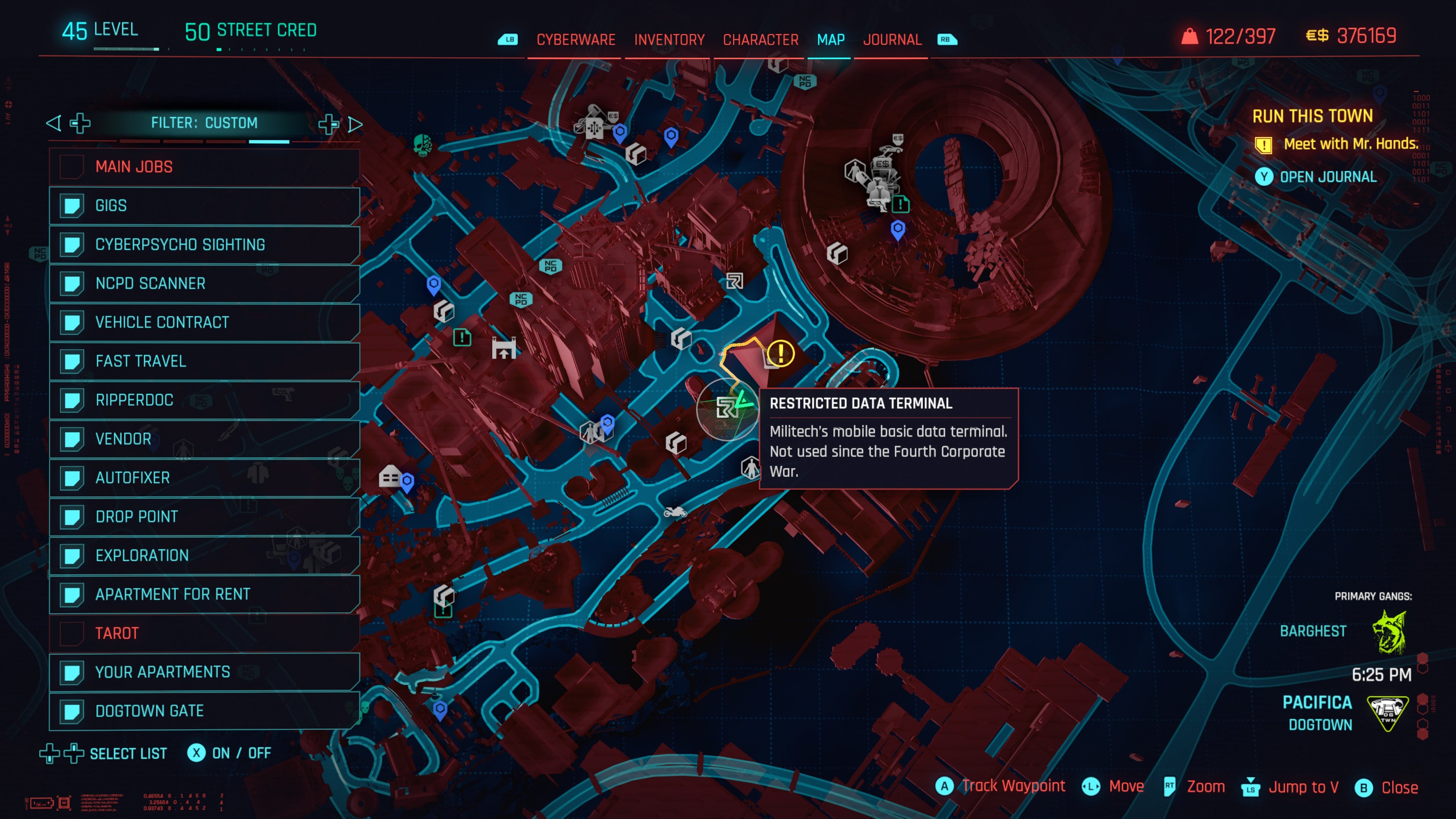 map of dogtown with a restricted data terminal relic point location selected