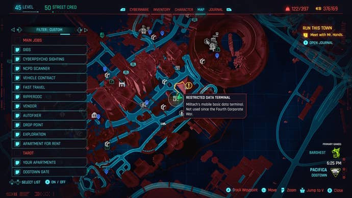 map of dogtown with a restricted data terminal relic point location selected