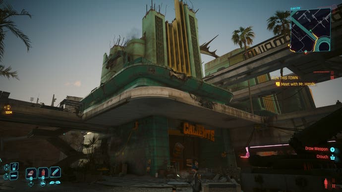first person view of the caliente green coloured building in a dilapidated state