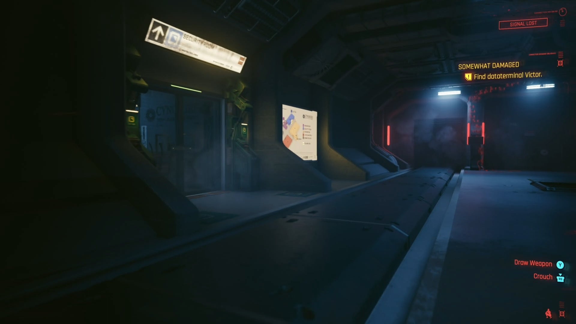 looking at the entrance to a room with a glowing white sign above it and a large glowing map beside its entrance