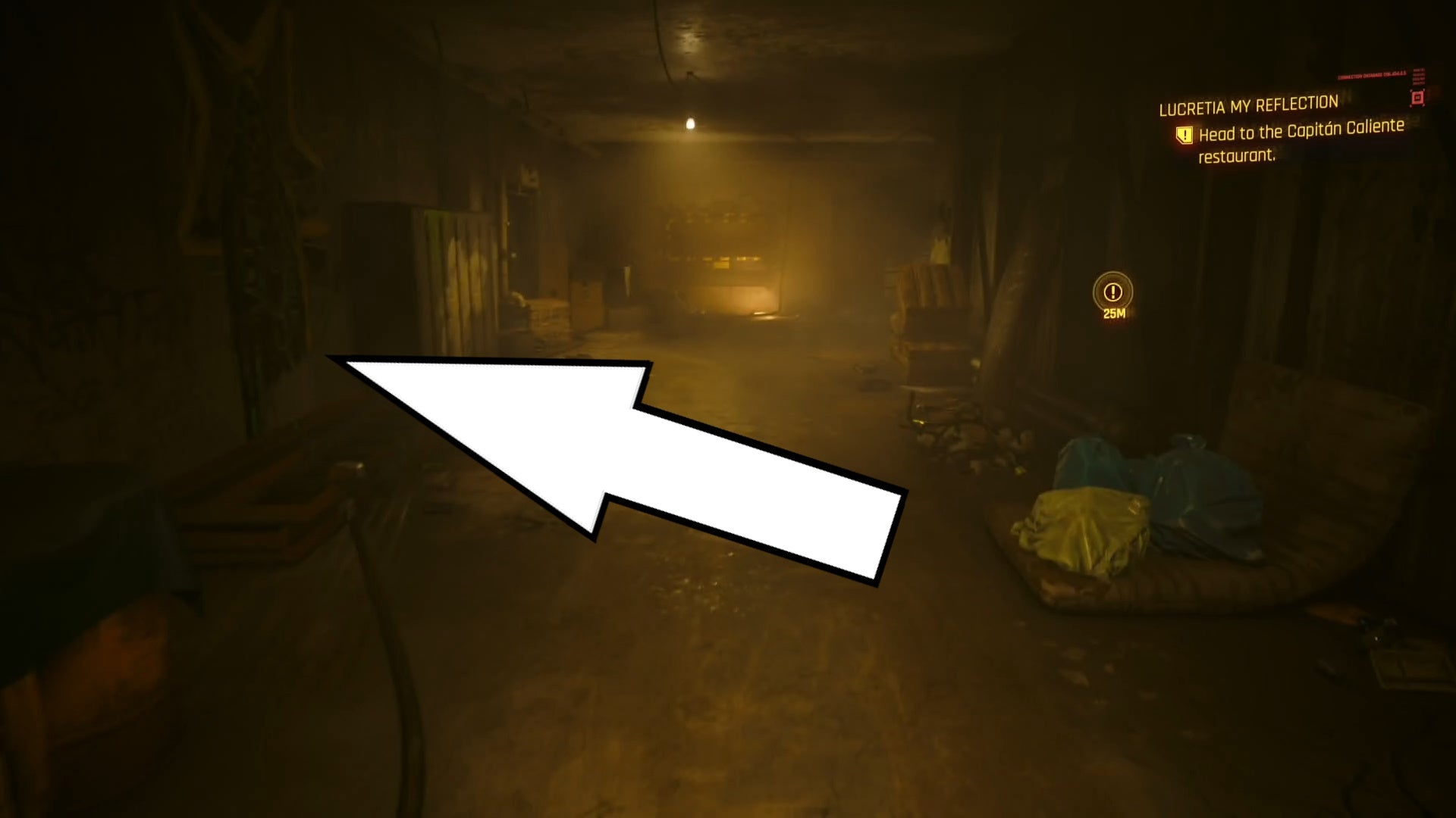 arrow pointing to the king of pentacles tarot graffiti in an apartment hallway