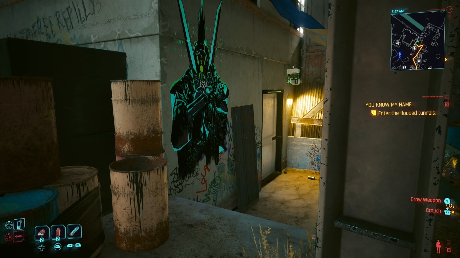 first person view of the king of swords tarot graffiti on a wall by steps leading to a door