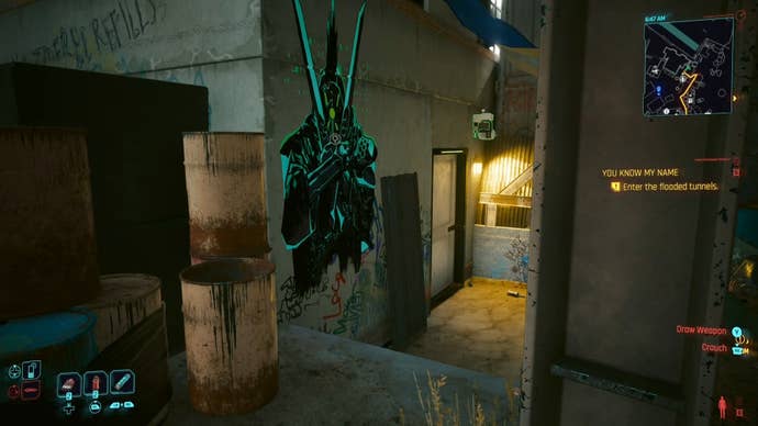 first person view of the king of swords tarot graffiti on a wall by steps leading to a door