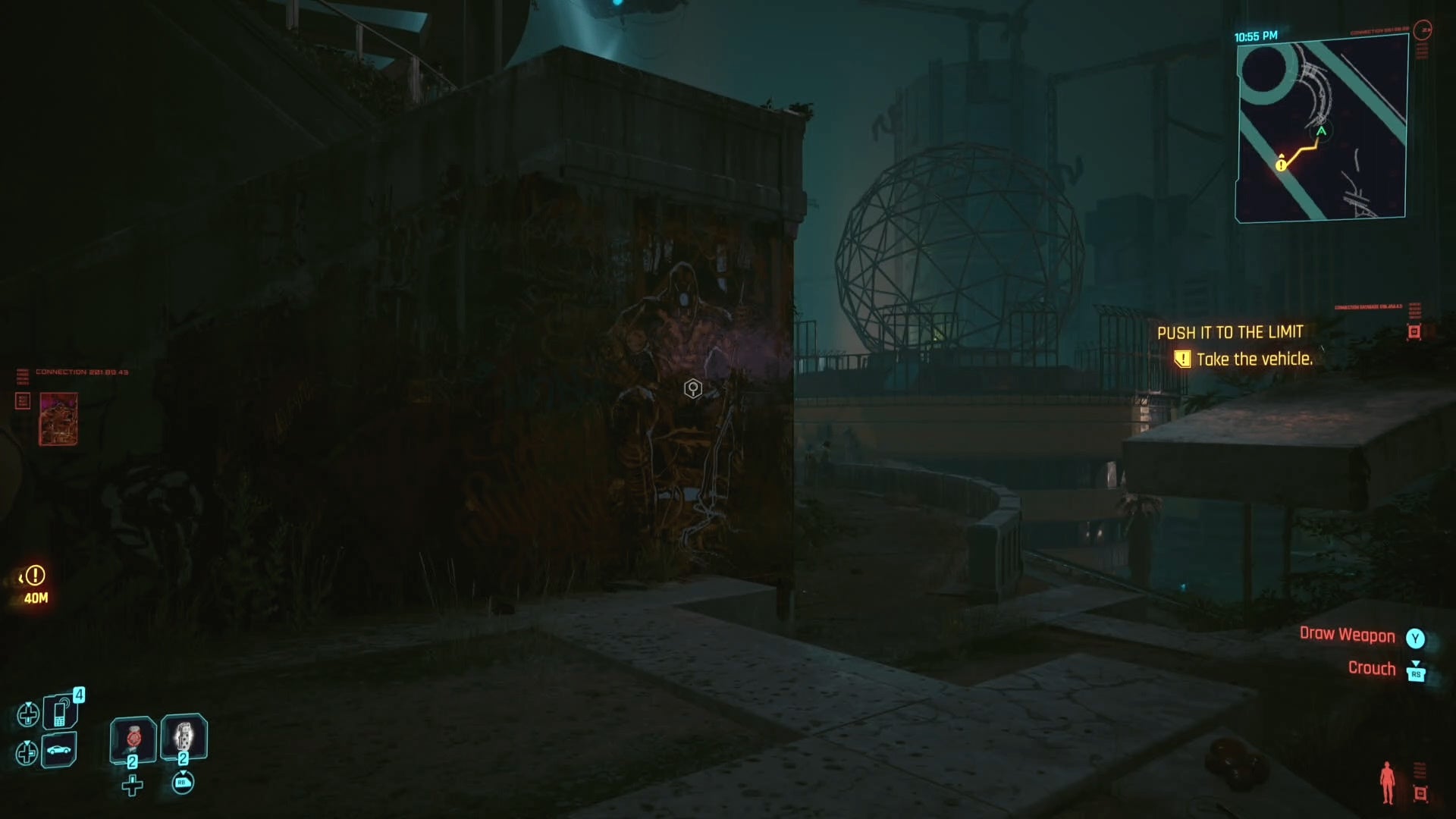 first person view of the king of wands tarot card graffiti on the wall of a staircase by a basketball court