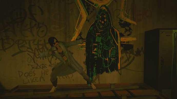 photo mode image of a female v posing in front of the king of pentacles tarot graffiti