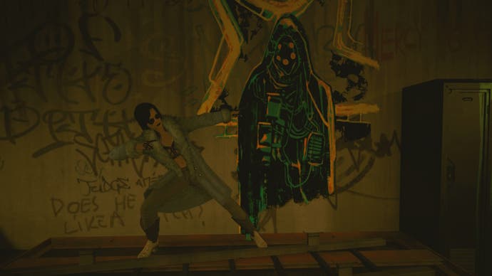photo mode image of a female v posing in front of the king of pentacles tarot graffiti