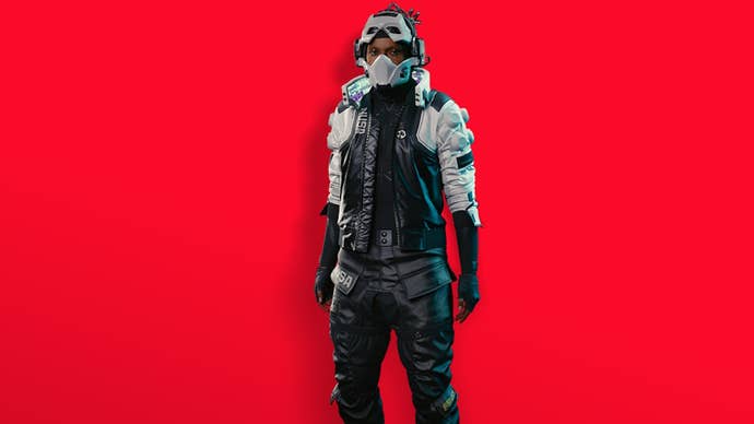 character wearing the nus infiltration set of white cosmetics on a bright red background