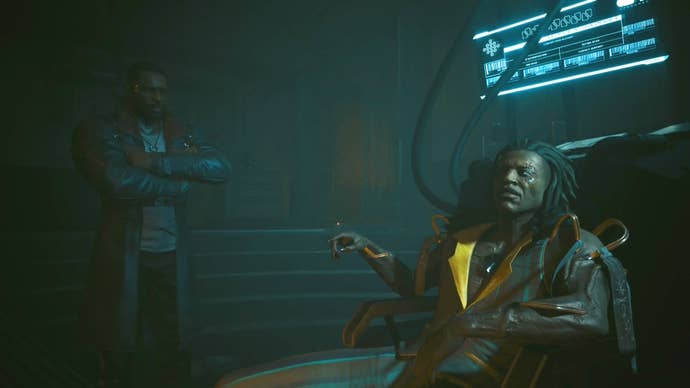 first person view of solomon reed folding his arms while looking at slider who is smoking in his netrunner chair