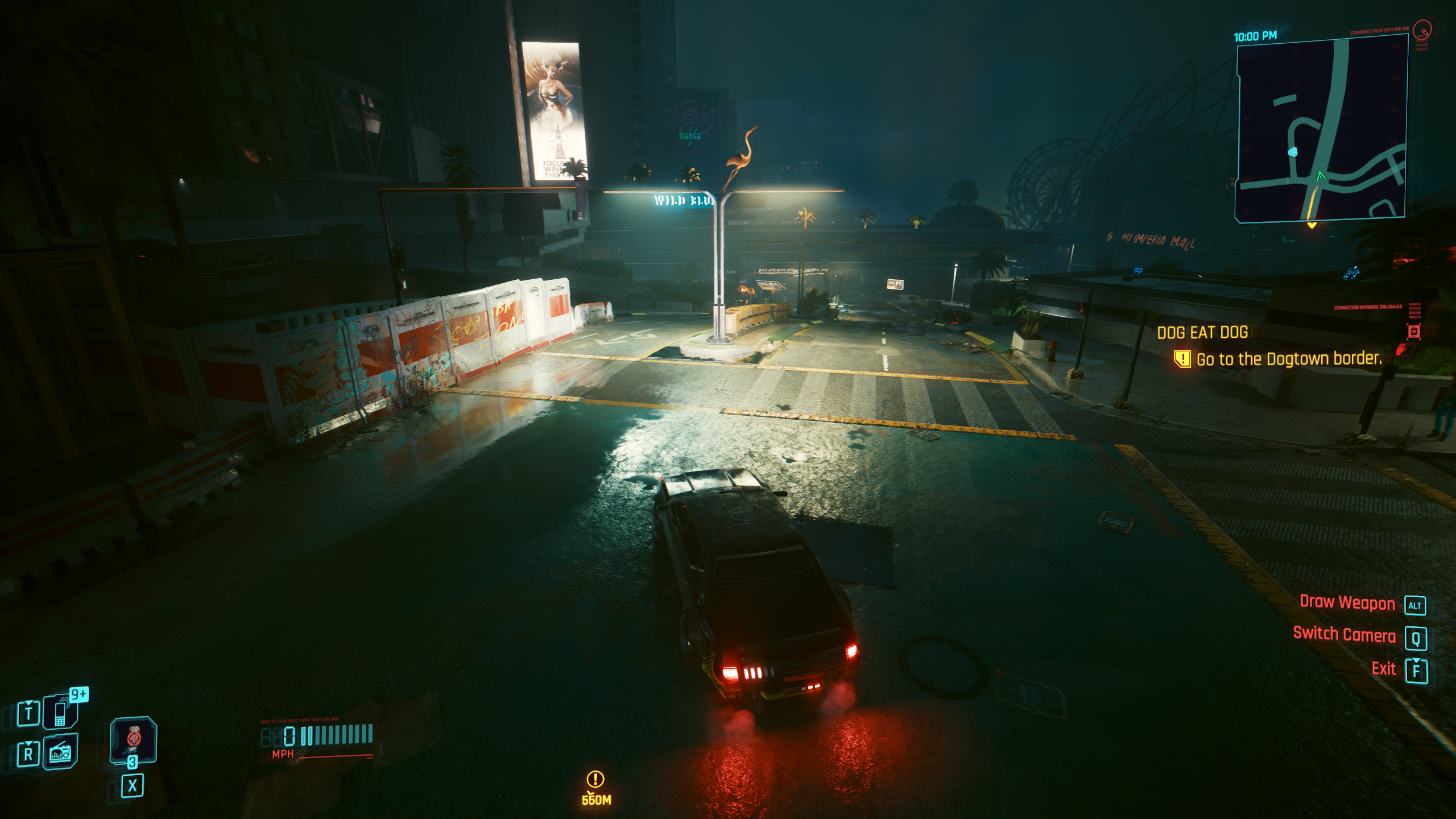 A rain-soaked street in Cyberpunk 2077: Phantom Liberty, with DLSS 3.5 Ray Reconstruction switched off.