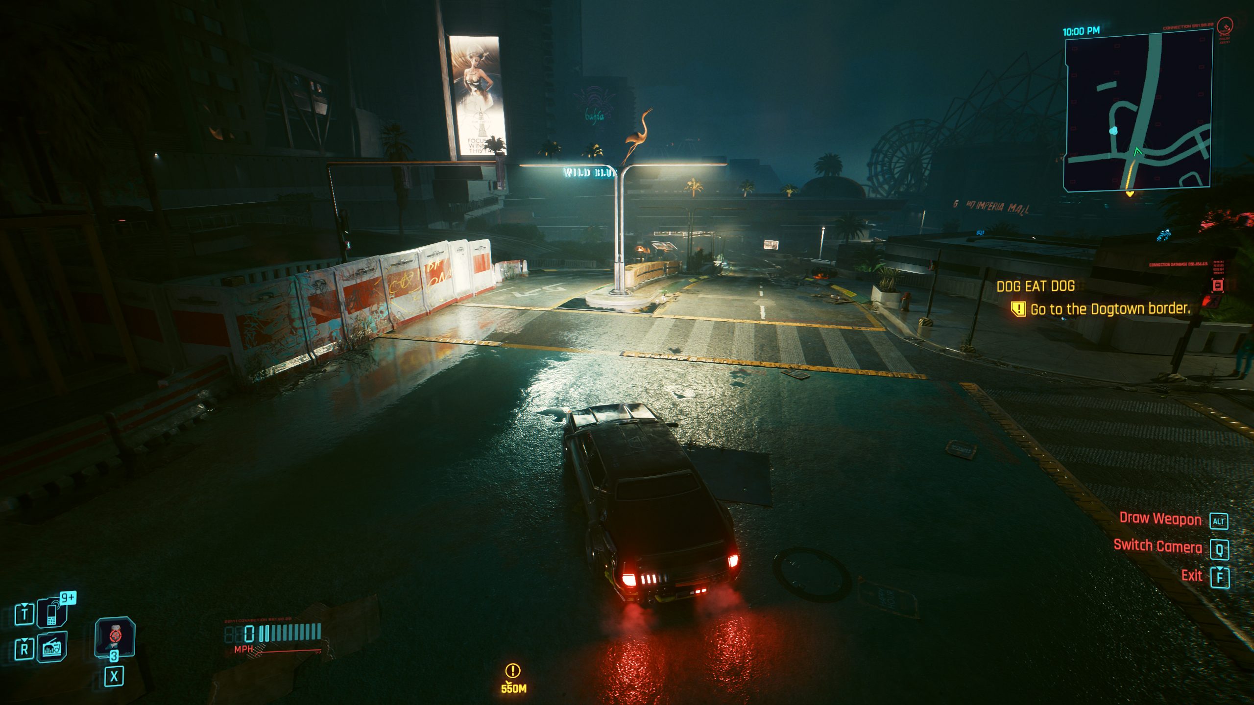 A rain-soaked street in Cyberpunk 2077: Phantom Liberty, with DLSS 3.5 Ray Reconstruction switched on.