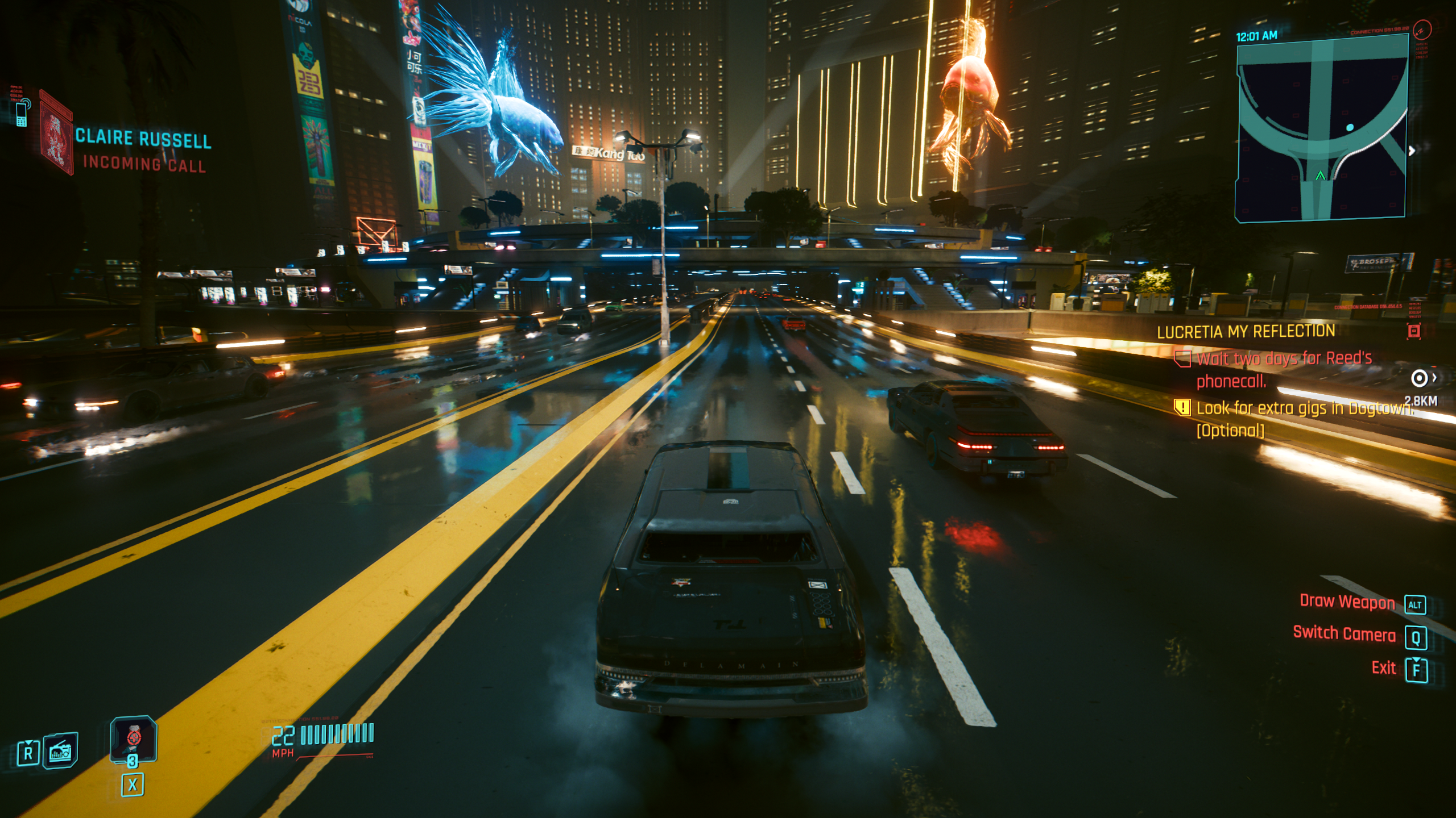 A nighttime driving scene in Cyberpunk 2077: Phantom Liberty, with DLSS 3.5 Ray Reconstruction switched off.