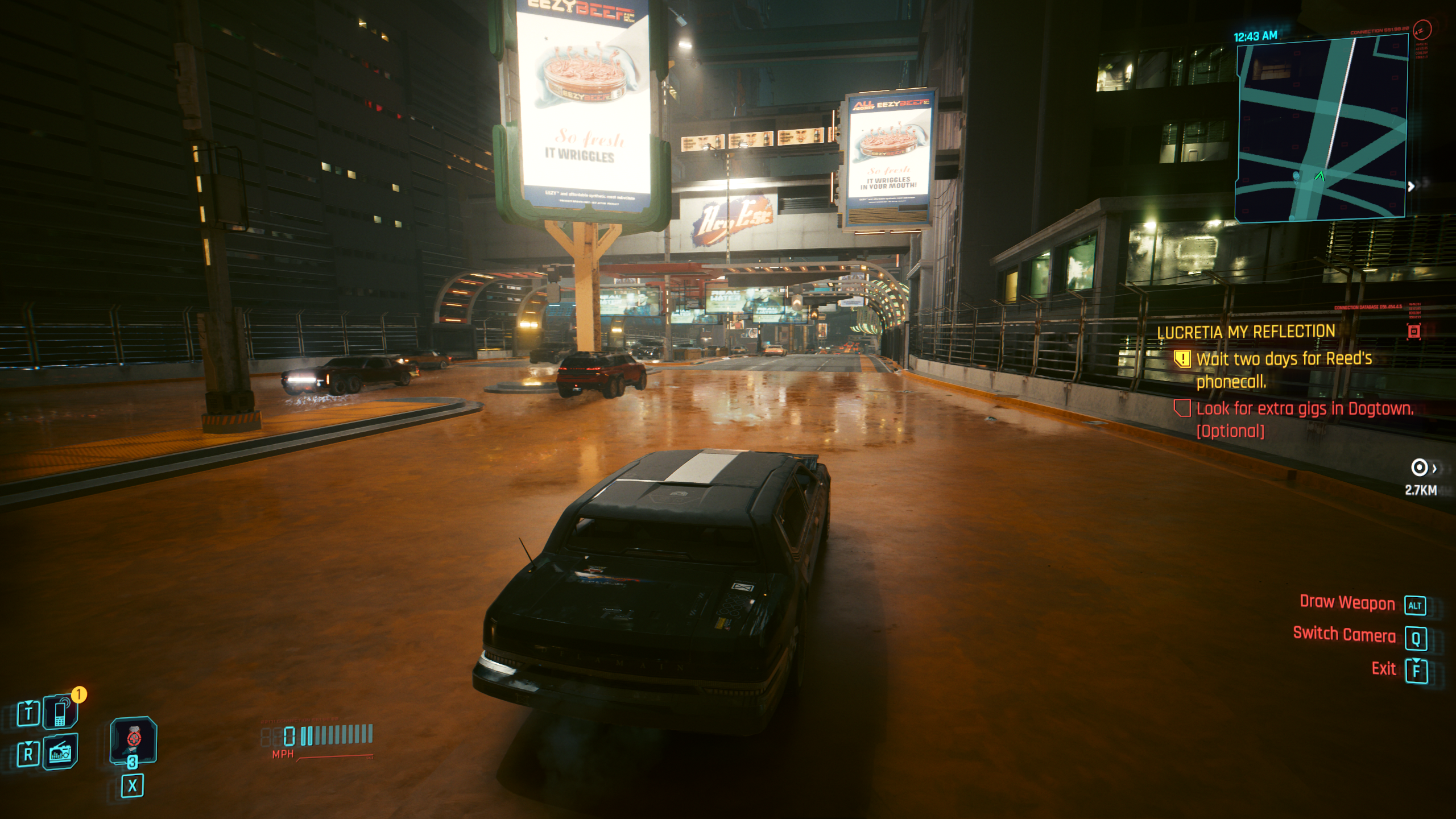 A passing car caught in a puddle&rsquo;s reflection in Cyberpunk 2077: Phantom Liberty, with DLSS 3.5 Ray Reconstruction switched off.