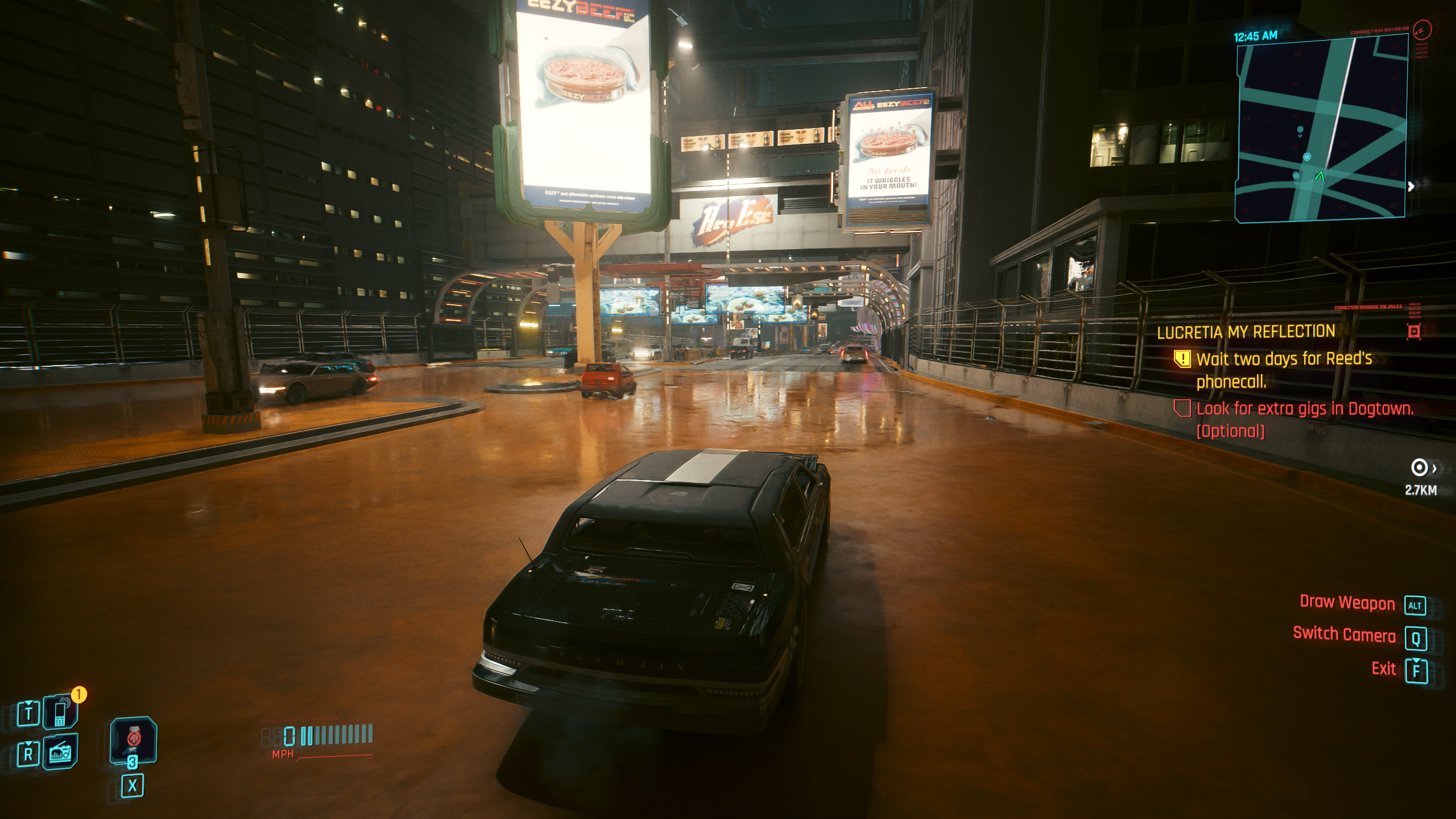 A passing car caught in a puddle&rsquo;s reflection in Cyberpunk 2077: Phantom Liberty, with DLSS 3.5 Ray Reconstruction switched on.