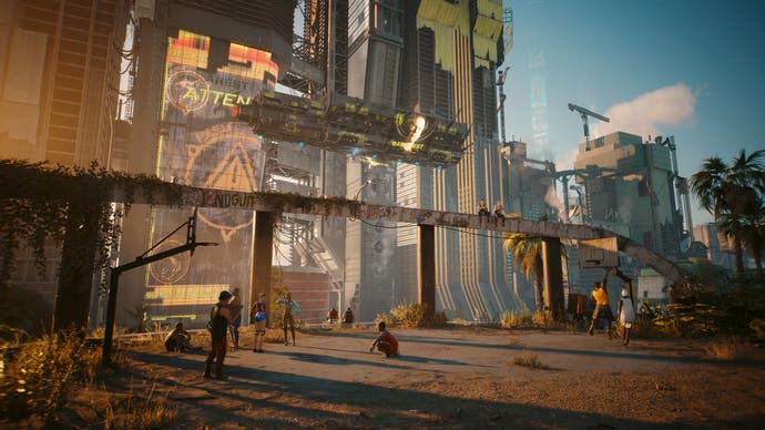 Cyberpunk 2077 Phantom Liberty screenshot showing an industrial district in the new area of Dogtown
