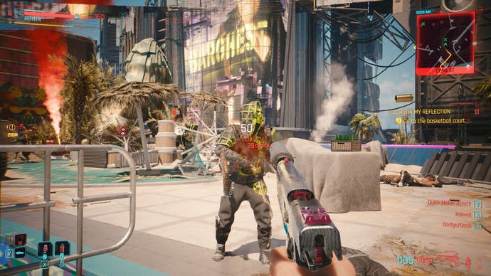 Cyberpunk 2077 Phantom Liberty screenshot showing handgun combat in the sunny streets of Dogtown