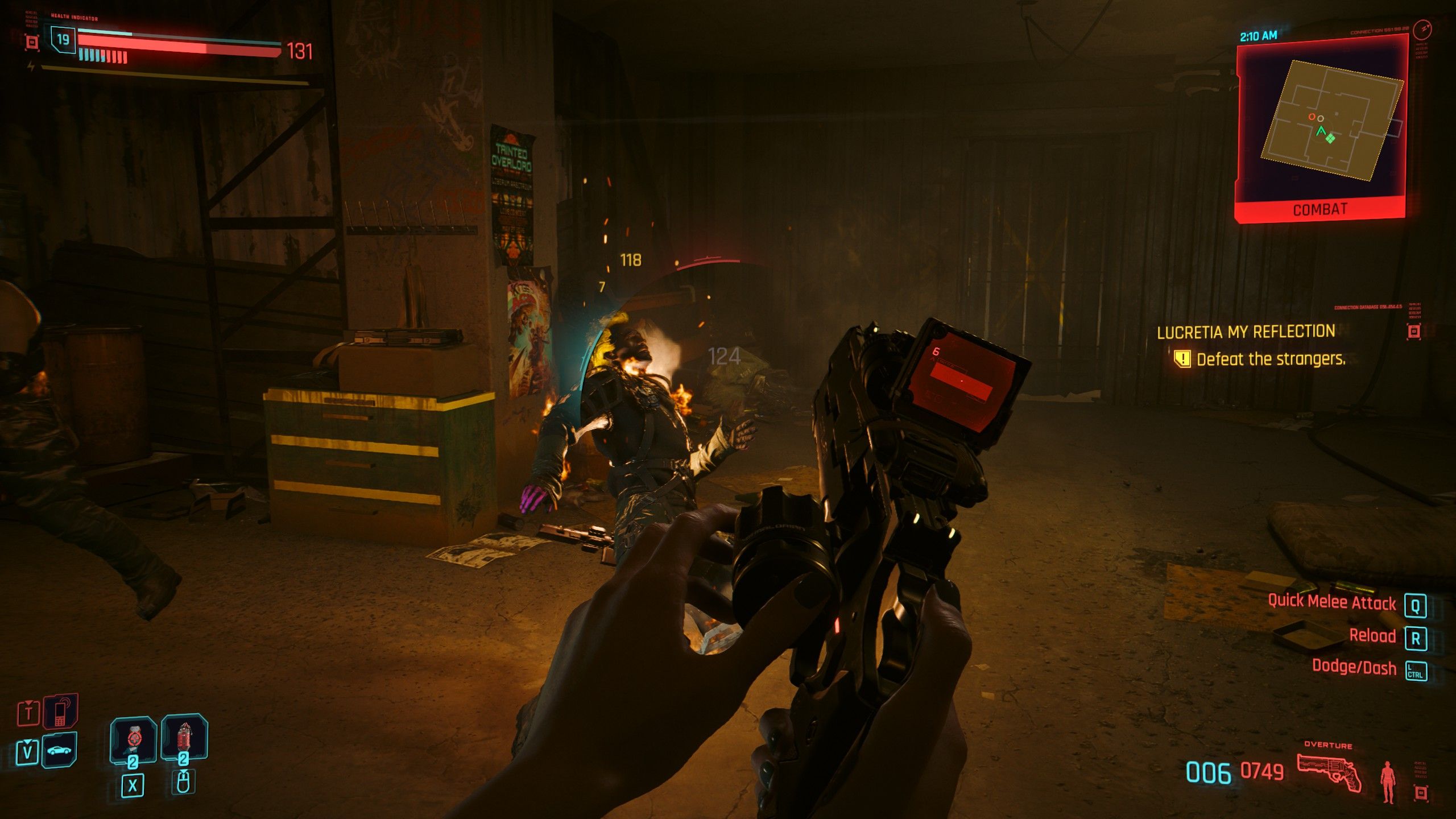 Cyberpunk 2077 Phantom Liberty screenshot showing some gun-based combat in a dark room