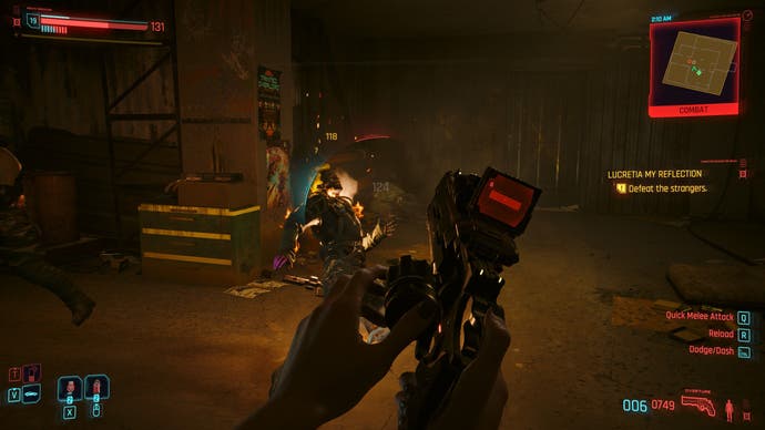 Cyberpunk 2077 Phantom Liberty screenshot showing some gun-based combat in a dark room