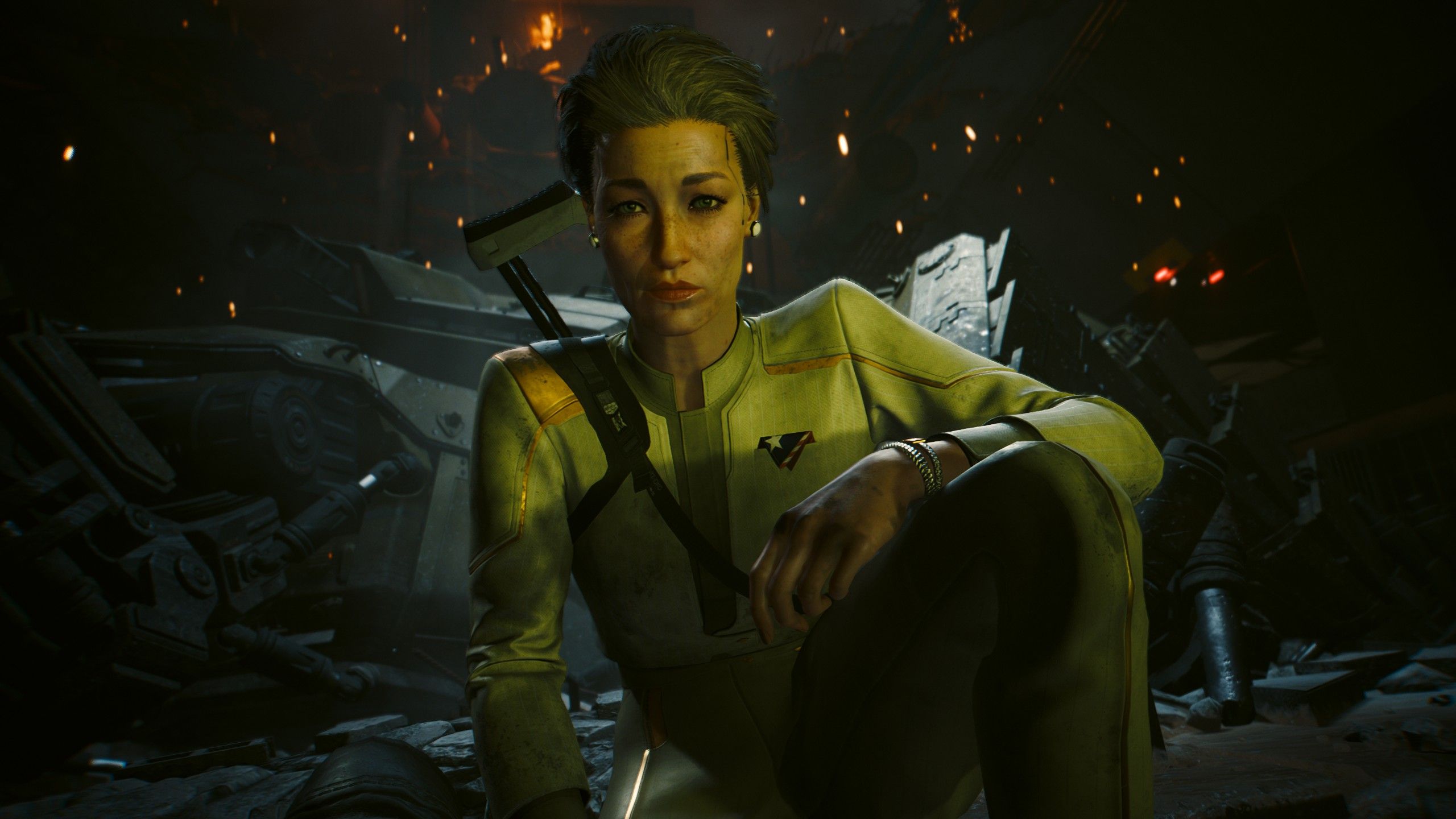 Cyberpunk 2077 screenshot showing President Myers recovering from a combat encounter in the new district of Dogtown