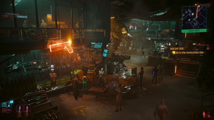 Cyberpunk 2077 Phantom Liberty screenshot showing a busy market in the new district of Dogtown