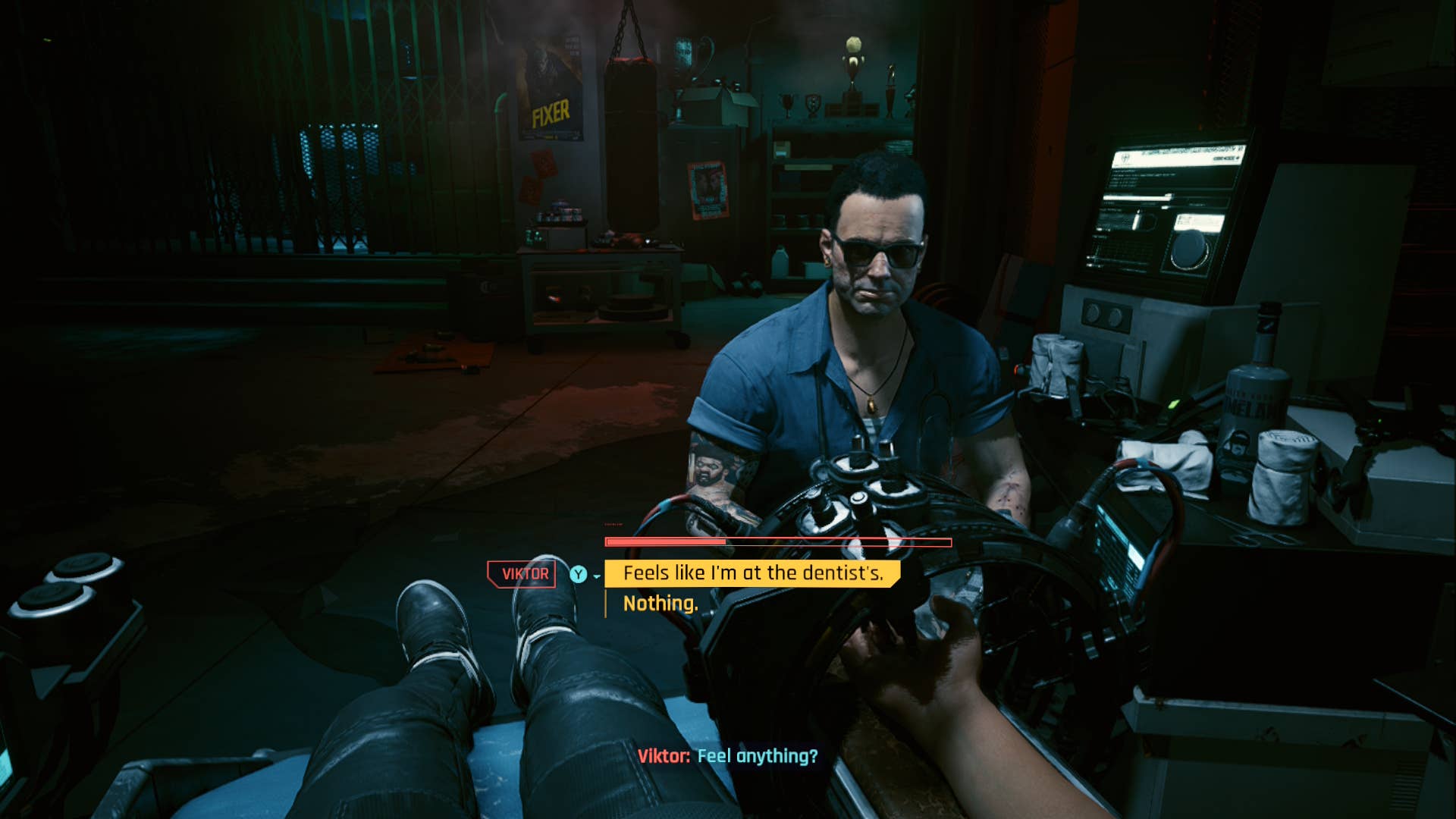 Viktor, a doctor in Cyberpunk, in his workshop.