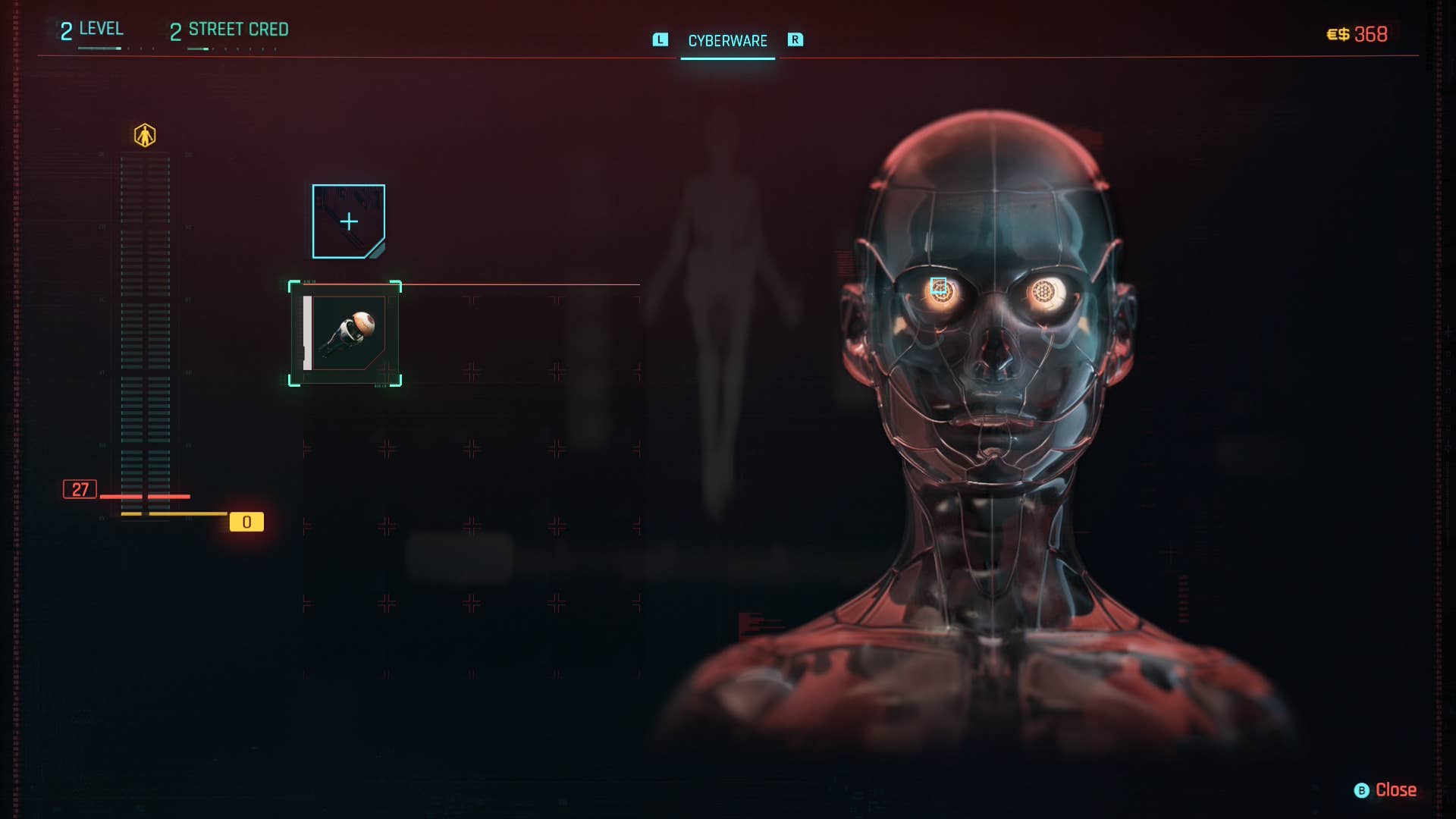 The facial augmentation screen in Cyberpunk.