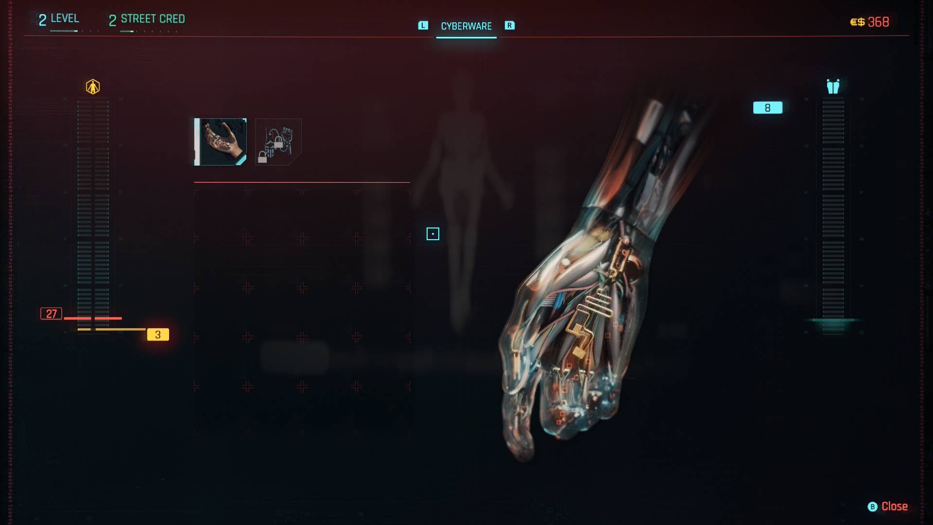 The hand augmentation screen in Cyberpunk.