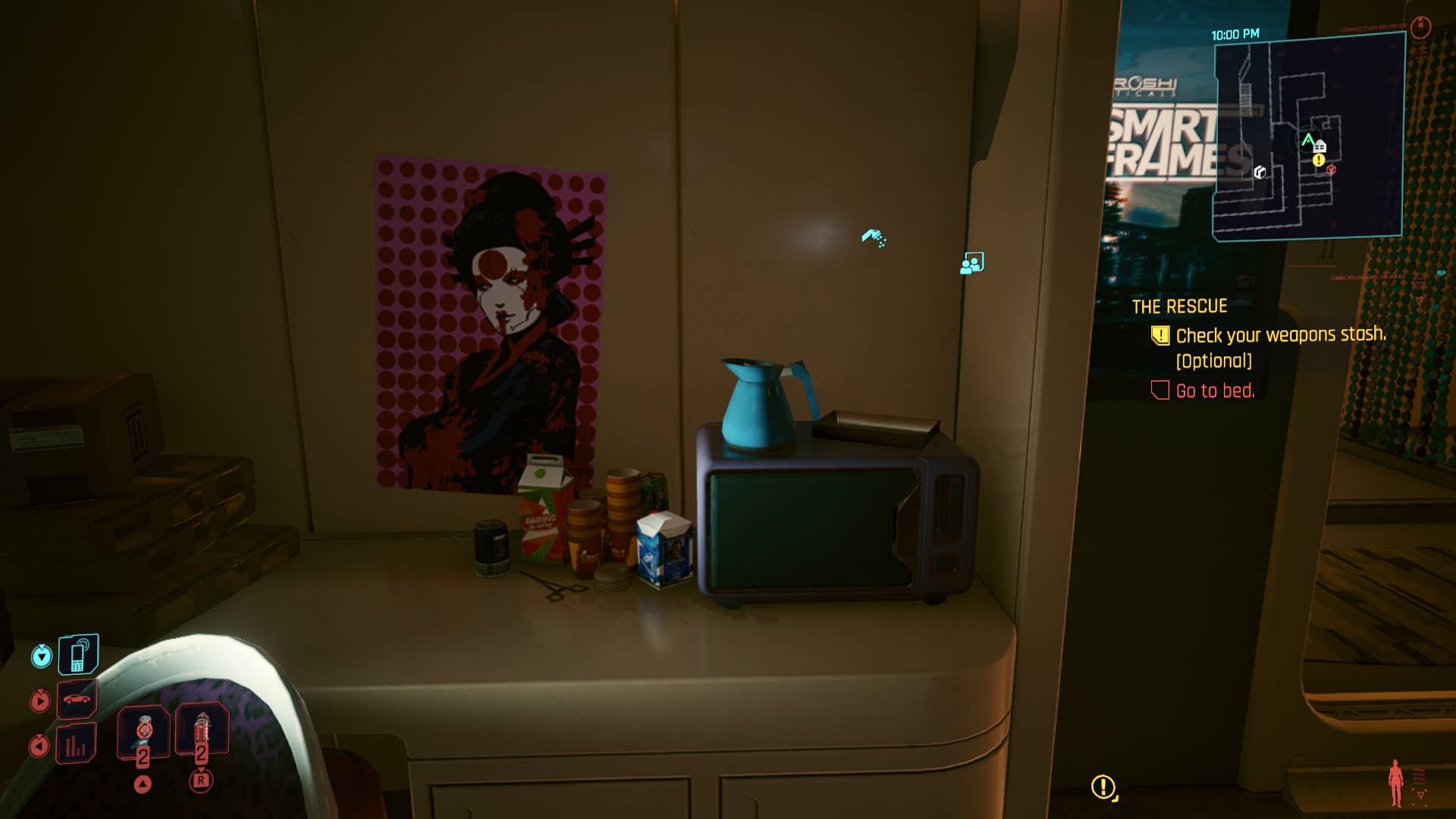 V's kitchen in Cyberpunk with a jug on top of a microwave.
