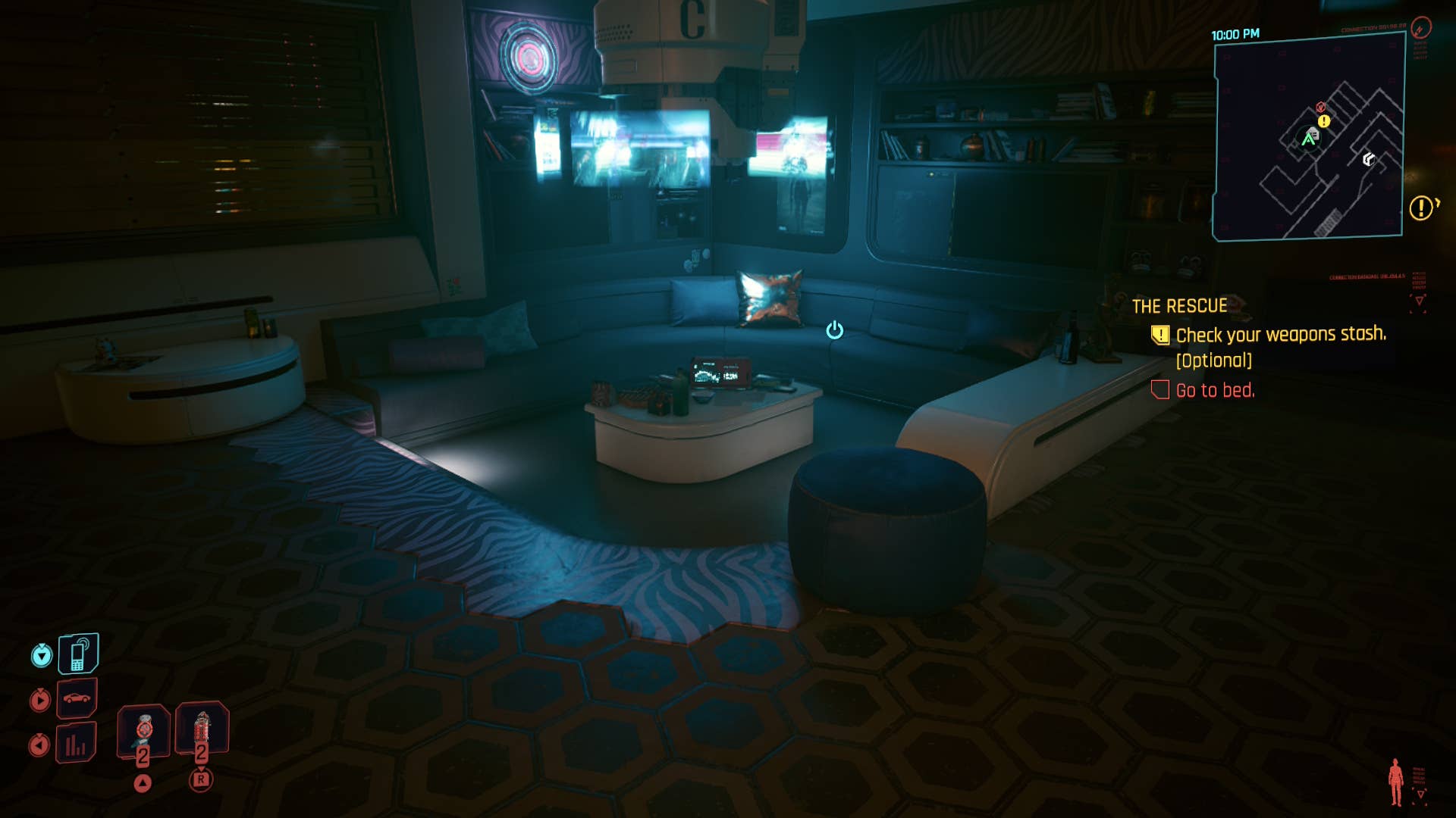 V's comfy lounge in Cyberpunk.