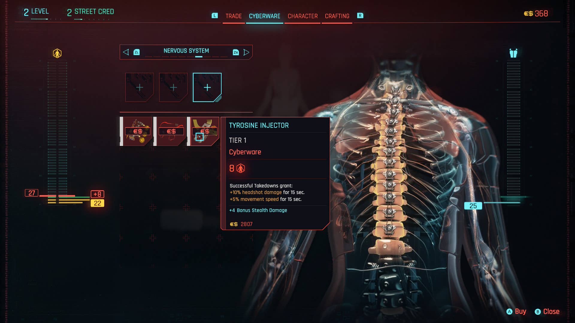 The torso augmentations menu in Cyberpunk.