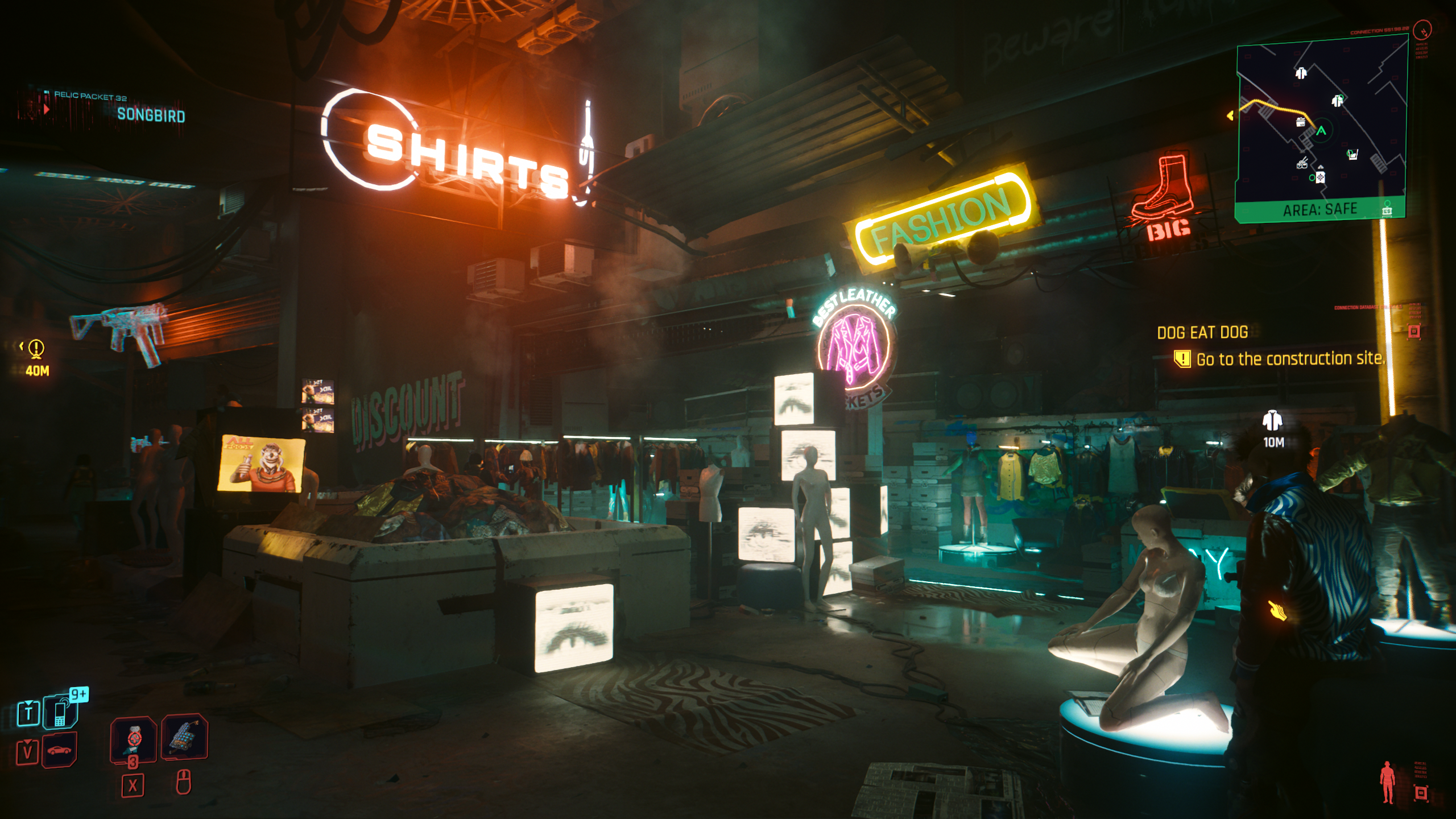 A market scene in Cyberpunk 2077: Phantom Liberty, with DLSS 3.5 Ray Reconstruction switched off.