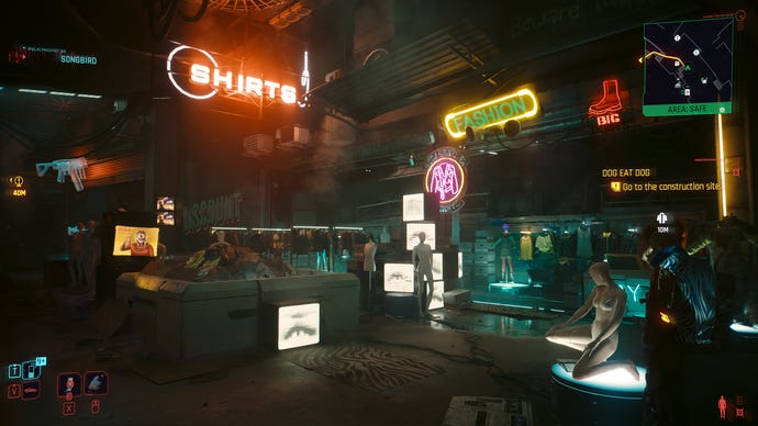Adegan pasar di Cyberpunk 2077: Phantom Liberty, dengan DLSS 3.5 Ray Reconstruction diaktifkan.
