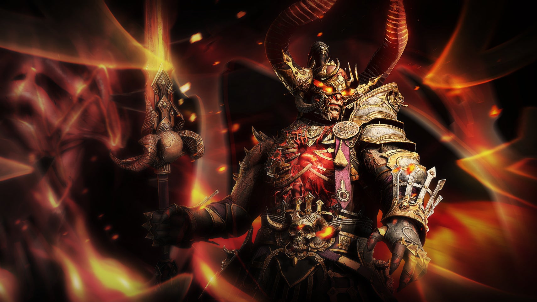 Diablo 4 Season 4 header image featuring a very annoyed, large demon wielding a sword, sheathed in flame. - 1