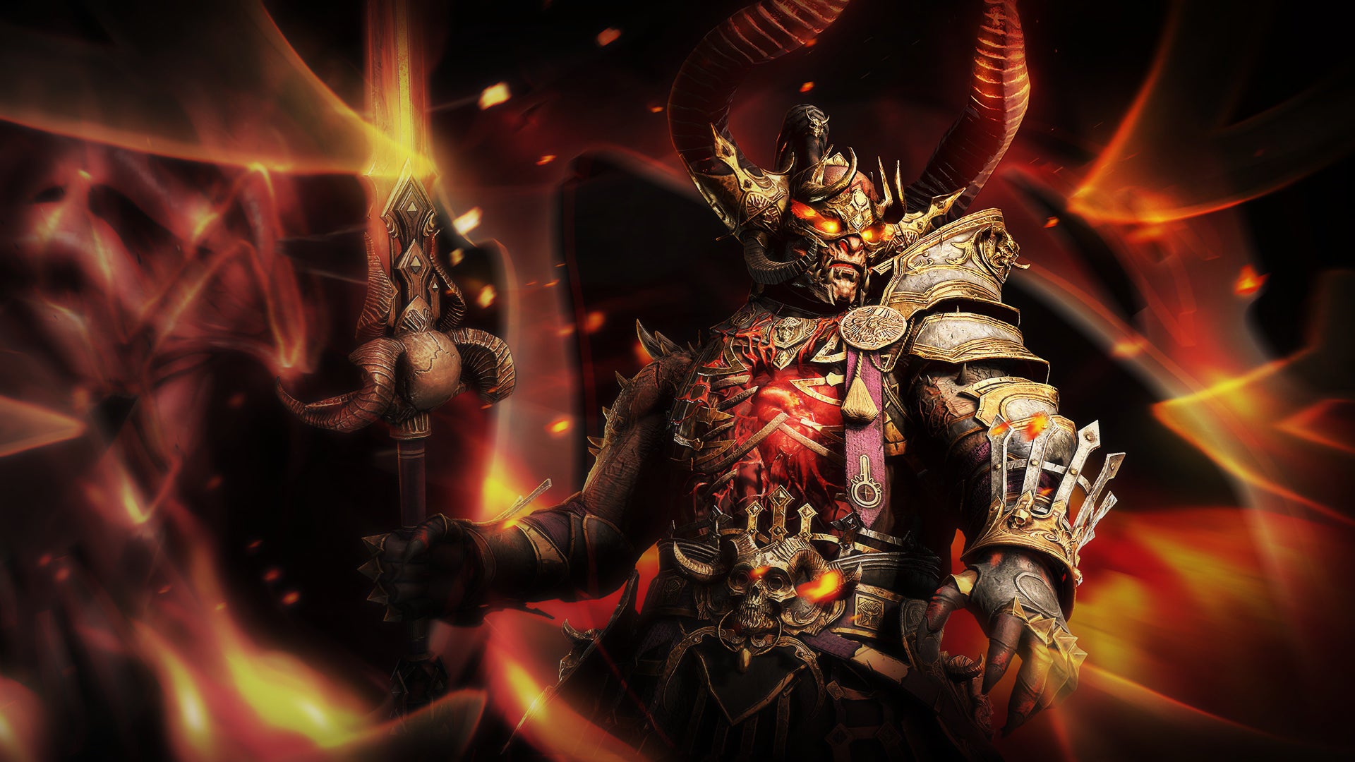 Diablo 4 Season 4 header image featuring a very annoyed, large demon wielding a sword, sheathed in flame. - 1