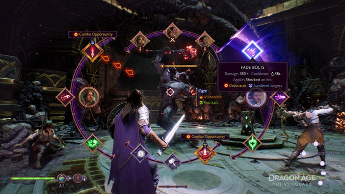 Captura de pantalla de Dragon Age: The Veilguard que muestra una pantalla de combate ocupada.