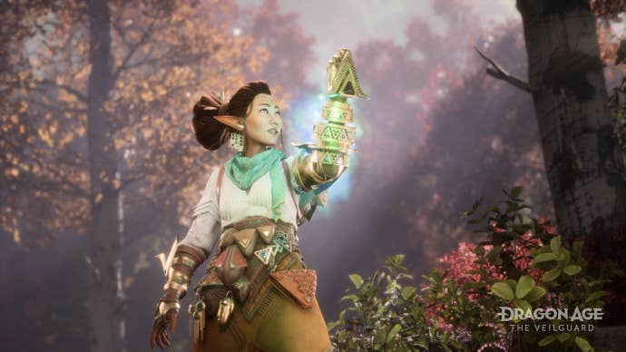 Dragon Age: The Veilguard screenshot showing an elven companion holding a glowing green gauntlet.